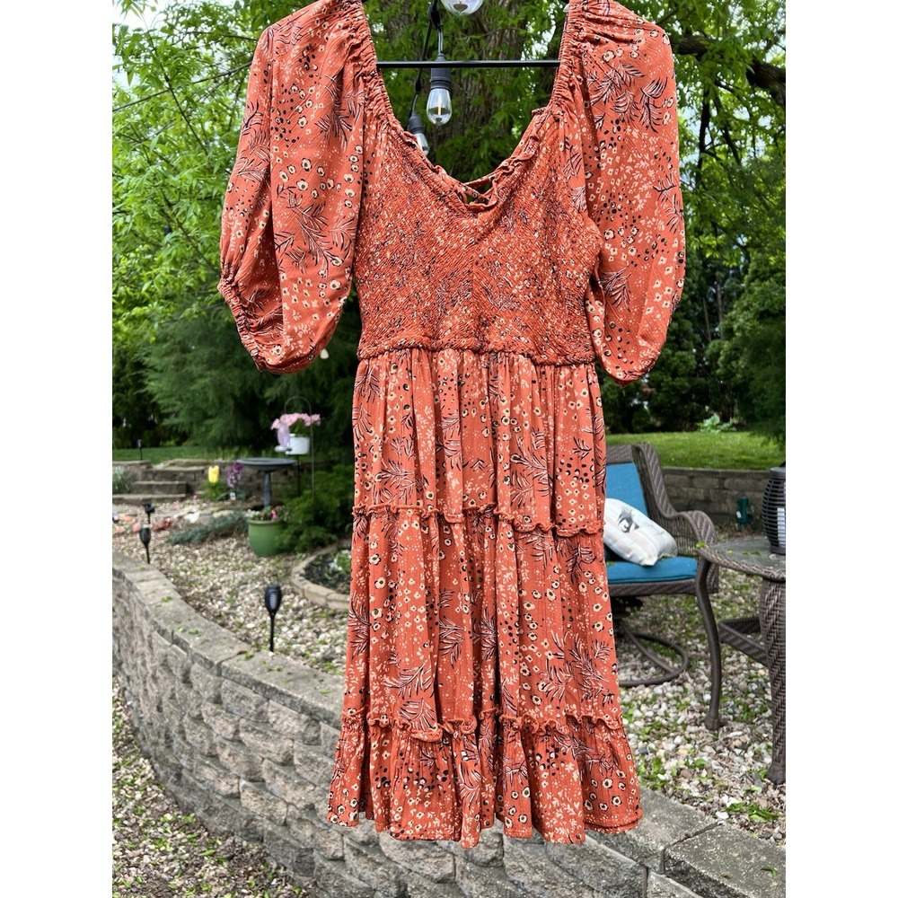 Angie Womens Medium Dress Smocked Puff Sleeve Bohemian‎ Printed Hippie Boho Knee